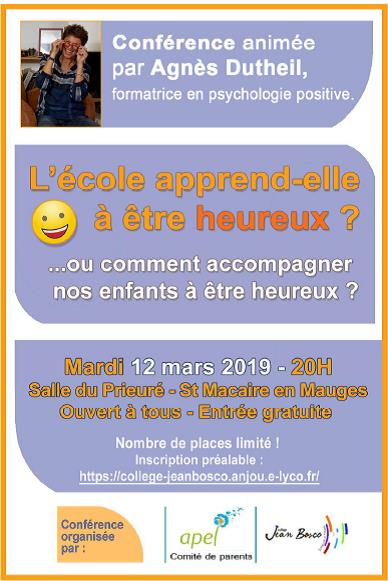 Conférence : « L’école apprend-elle à être heureux ?… ou comment accompagner nos enfants à être heureux ? »